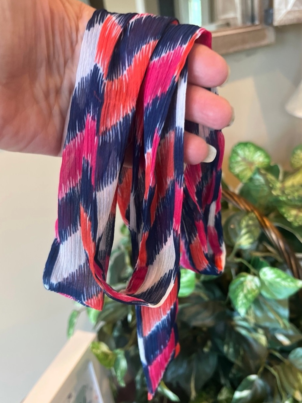 Colorful Navy, White Pink & Orange Patterned Women's Waist Tie Sash or Hair Tie